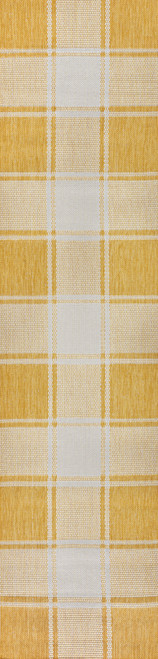 8' Yellow And Cream Gingham Indoor Outdoor Runner Rug