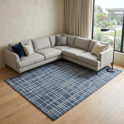 9' X 12' Blue And Ivory Wool Geometric Hand Tufted Area Rug
