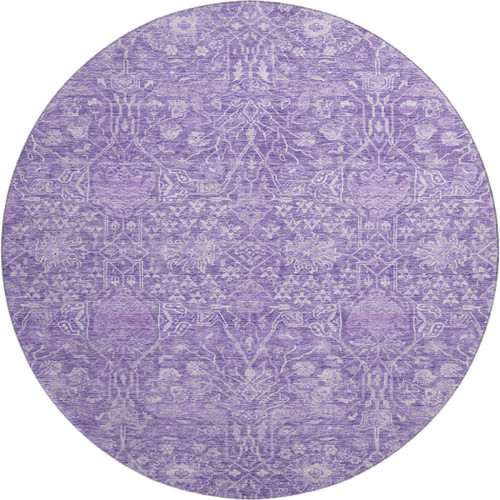8' Plum And Beige Floral Washable Round Rug With UV Protection