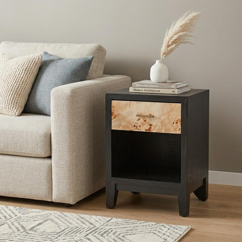 22" Black Solid Wood Free Form Pedestal End Table With Drawer