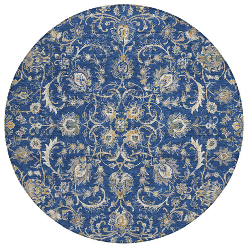 8' Navy Blue And Ivory Round Botanical Leaves Washable Indoor Outdoor Area Rug