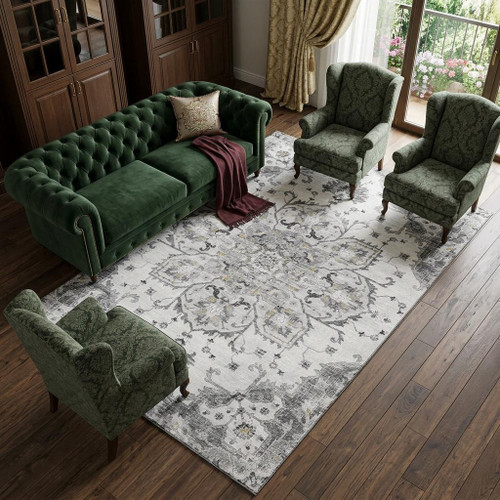 9' X 12' Light Gray Ivory And Gold Floral Medallion Distressed Washable Area Rug With UV Protection