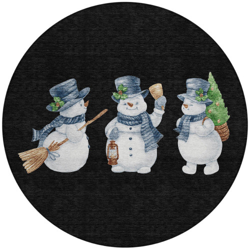 8' Black Denim Blue And Ivory Round Snowmen Washable Indoor Outdoor Area Rug