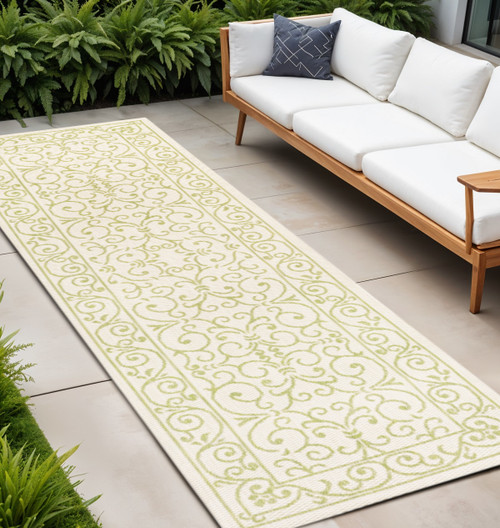 8' Cream And Green Medallion Indoor Outdoor Runner Rug