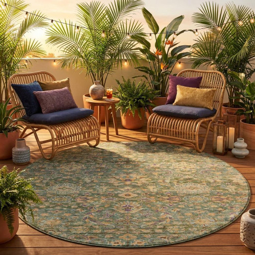 8' Green And Sage Round Floral Medallion Washable Indoor Outdoor Area Rug