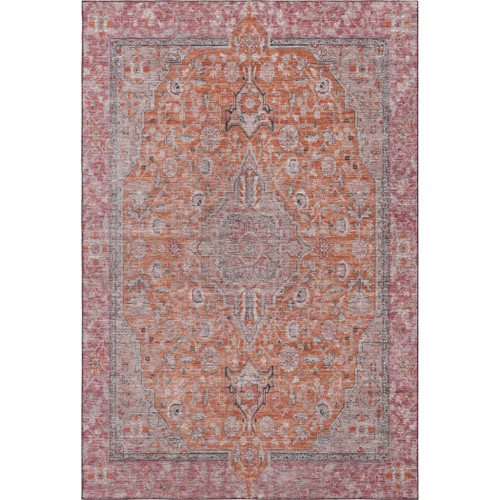 9' X 12' Orange Red And Gray Floral Medallion Washable Area Rug With UV Protection