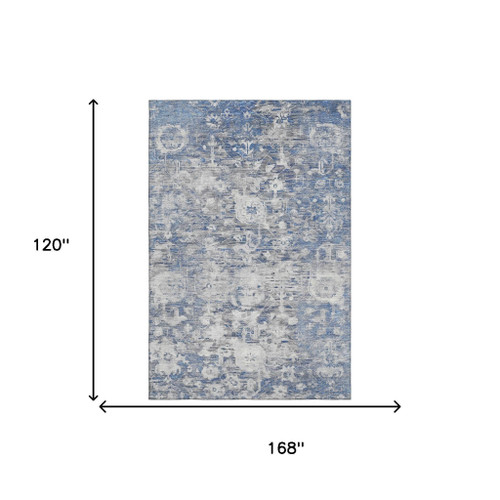 10' X 14' Blue Gray And Silver Floral Washable Area Rug With UV Protection