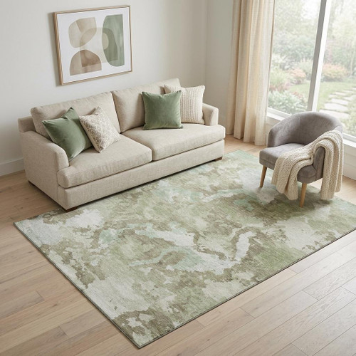 5' X 8' Artichoke Green Ivory And Sage Abstract Washable Area Rug With UV Protection