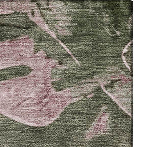 10' X 14' Olive Green And Blush Floral Washable Area Rug With UV Protection
