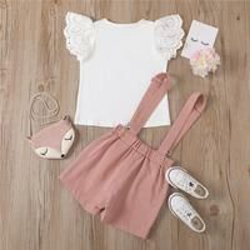 Girls Hollow Out Design Tops And Suspender Shorts Set
