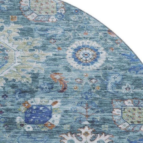8' Blue Rust And Ivory Oriental Washable Round Rug With UV Protection