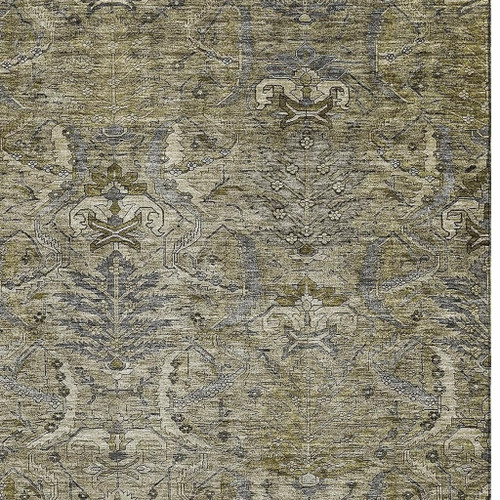 10' X 14' Taupe Gold And Beige Damask Washable Area Rug With UV Protection