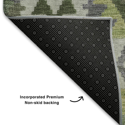 9' X 12' Olive Green And Ivory Tribal Washable Area Rug With UV Protection