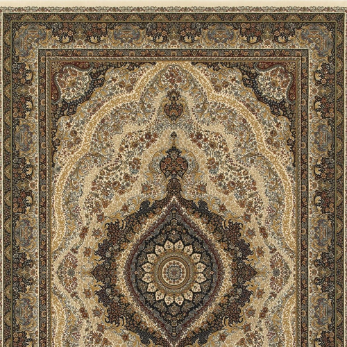 7' X 10' Ivory Black And Tan Medallion Area Rug With Fringe