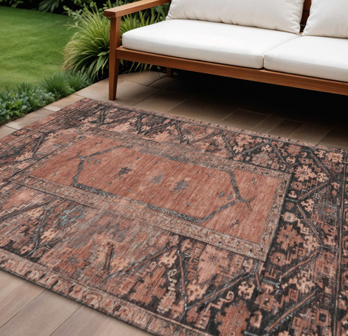 10' X 14' Terra Cotta And Gray Oriental Washable Indoor Outdoor Area Rug