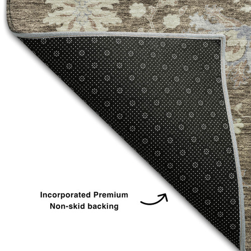 10' X 14' Brown Beige And Blue Floral Washable Area Rug With UV Protection