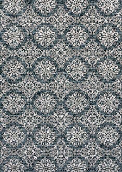 8' X 10' Turquoise And Cream Floral Indoor Outdoor Area Rug