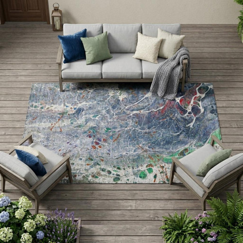 8' X 10' Blue And Pewter Abstract Washable Indoor Outdoor Area Rug