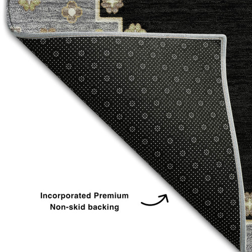 5' X 8' Black Beige And Gold Oriental Washable Area Rug With UV Protection