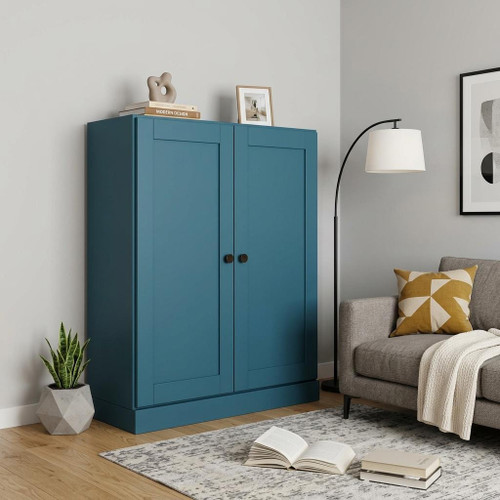 36" Teal Blue Solid Wood Adjustable Three Tier Library Bookcase with Two Doors