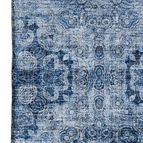10' X 14' Navy Blue And Ivory Floral Medallion Distressed Washable Area Rug With UV Protection