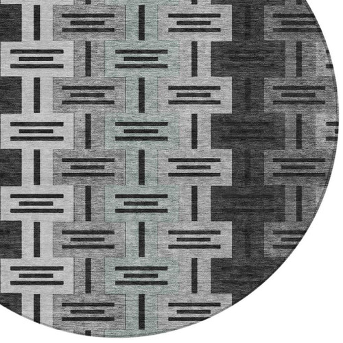 8' Black And Gray Round Geometric Washable Indoor Outdoor Area Rug