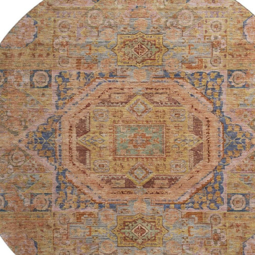 8' Rust And Navy Blue Oriental Washable Round Rug With UV Protection