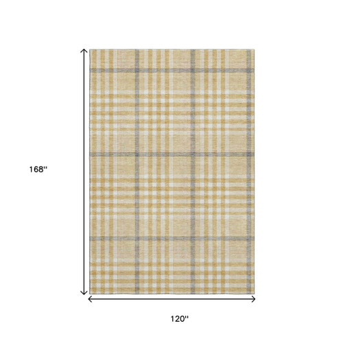 10' X 14' Gold Ivory And Gray Plaid Washable Area Rug With UV Protection