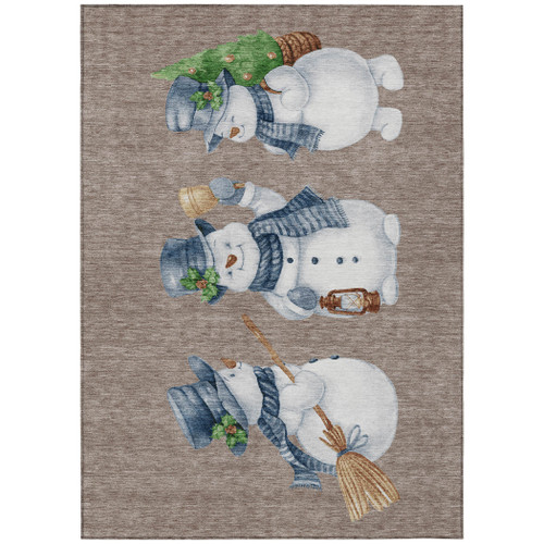 8' X 10' Taupe Denim Blue And Ivory Snowmen Washable Indoor Outdoor Area Rug