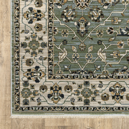 3' X 5' Blue Green And Beige Floral Area Rug With Fringe