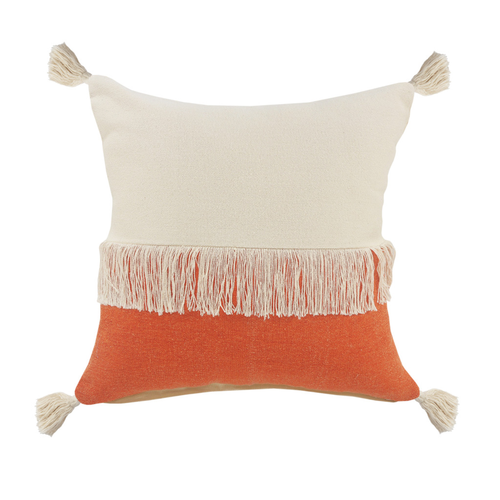 20" Pumpkin And Off White Beach Cotton Throw Pillow Cover with Tassels