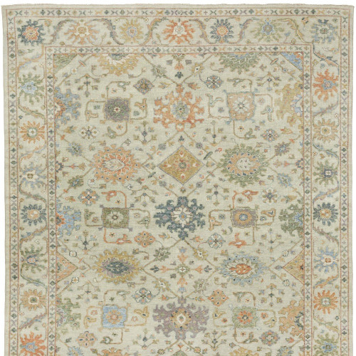 9' X 12' Beige And Green Wool Oriental Hand Knotted Area Rug With Fringe
