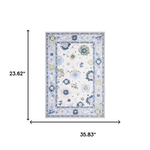 2' X 3' White And Blue Oriental Washable Area Rug
