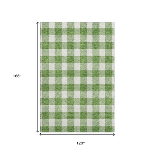 10' X 14' Green And Ivory Plaid Washable Area Rug With UV Protection