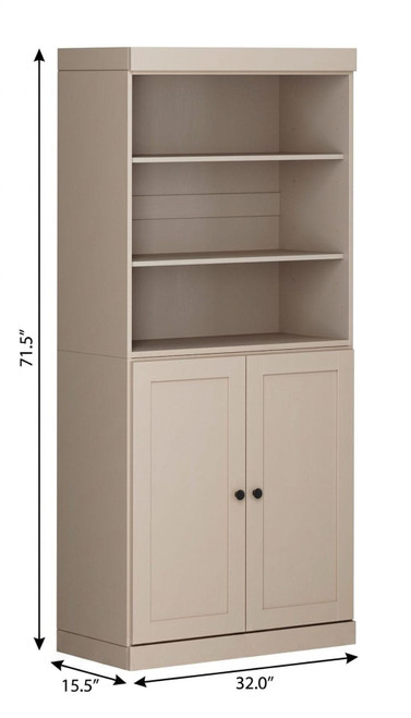 72" Beige Solid Wood Adjustable Six Tier Library Bookcase with Two Doors