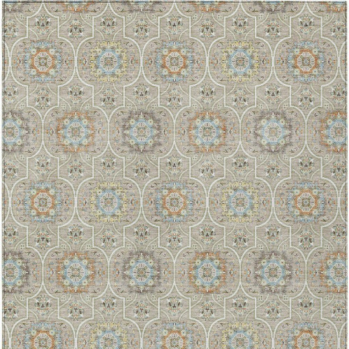 10' X 14' Beige And Brown Floral Medallion Washable Indoor Outdoor Area Rug