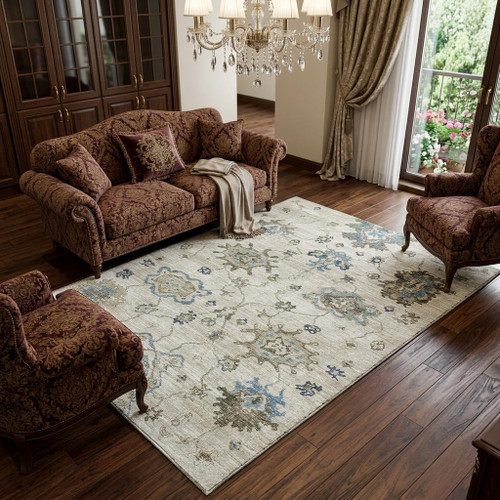 10' X 14' Blue Ivory And Gray Floral Medallion Distressed Washable Area Rug With UV Protection