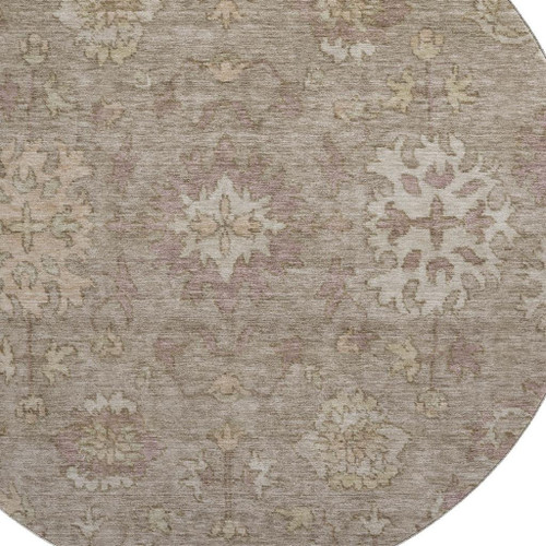 8' Khaki And Beige Oriental Washable Round Rug With UV Protection
