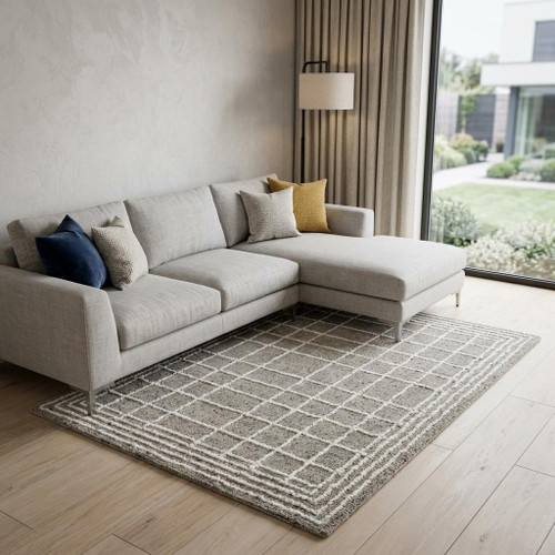 8' X 10' Gray And Ivory Wool Plaid Hand Tufted Area Rug