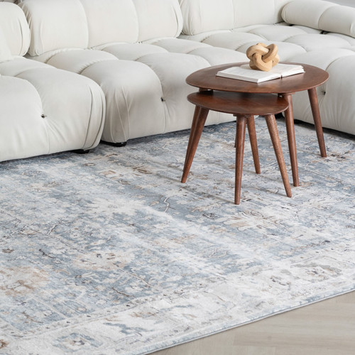 5' X 8' Blue Ivory and Brown Oriental Area Rug
