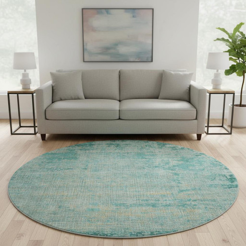 8' Teal And Beige Abstract Washable Round Rug With UV Protection