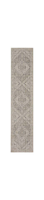 8' Ivory Black And Taupe Floral Medallion Distressed Runner Rug With Fringe
