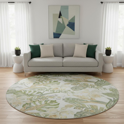 8' Ivory Green And Beige Floral Washable Round Rug With UV Protection