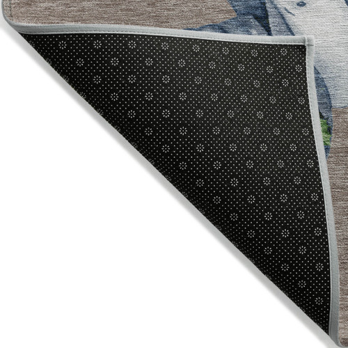 9' X 12' Taupe Denim Blue And Ivory Snowmen Washable Indoor Outdoor Area Rug