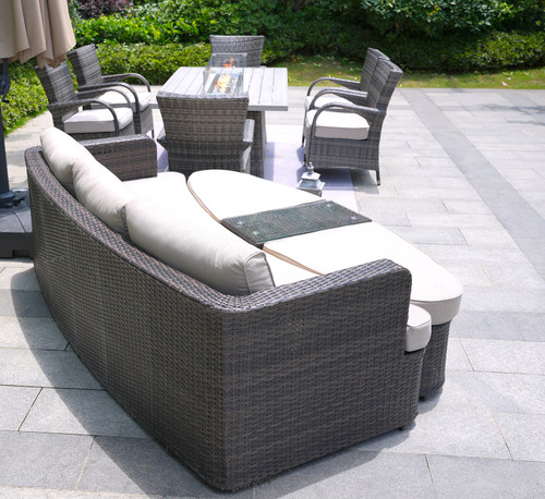 Nine Piece Gray Wicker Multiple Chairs Seating Group With Fire Pit And Table
