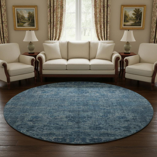 8' Blue And Navy Blue Oriental Washable Round Rug With UV Protection