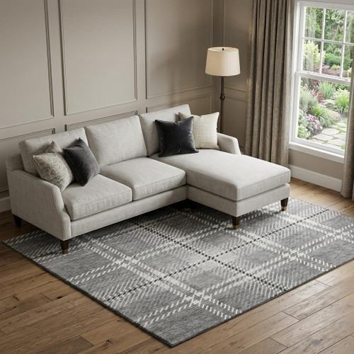 9' X 12' Gray And Ivory Plaid Washable Area Rug With UV Protection