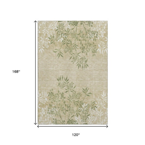 10' X 14' Khaki Green And Ivory Floral Washable Area Rug With UV Protection
