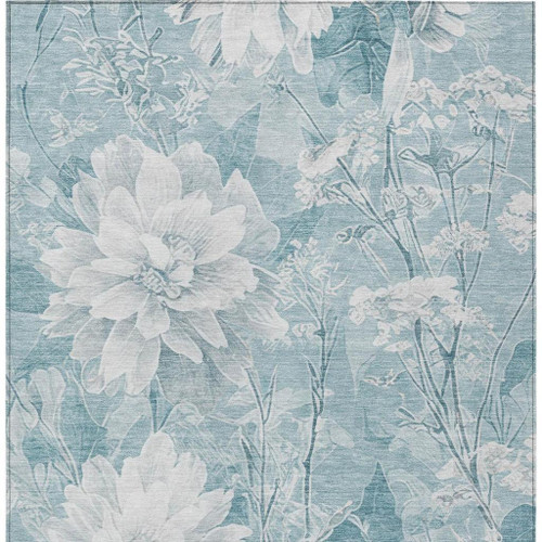 10' X 14' Aqua And Teal Blue Floral Washable Indoor Outdoor Area Rug