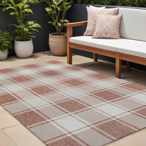 8' X 10' Salmon And Cream Gingham Indoor Outdoor Area Rug